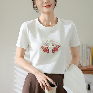 中国风印花短袖t恤女夏2024新款女装宽松纯棉白色正肩新中式上衣