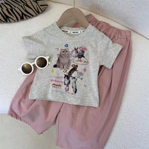 女童韩版猫咪短袖T+粉色休闲裤套装2024夏女宝洋气两件套网红童装