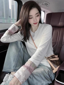 中式女装中国风白色长袖t恤女2024早春新款小衫小众不撞款上衣潮