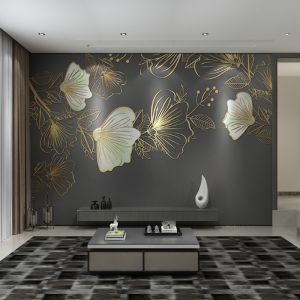 新中式墙布电视背景墙卧室客厅沙发墙纸轻奢金色浮雕线条花朵壁画