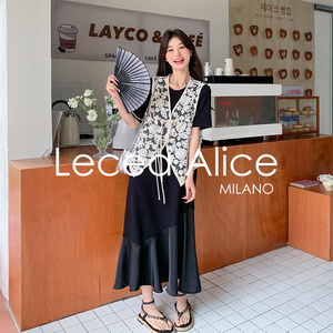 Lecea Alice【凤穿牡丹】黑色连衣裙套装女新中式蕾丝马甲两件套