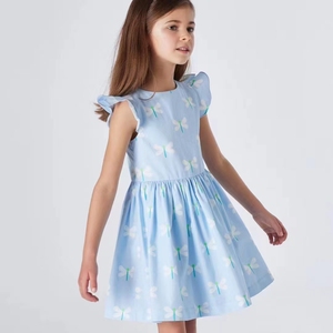 24法式外贸女童夏季新款洋气纯棉小女孩高级蓝色小蜻蜓气质连衣裙