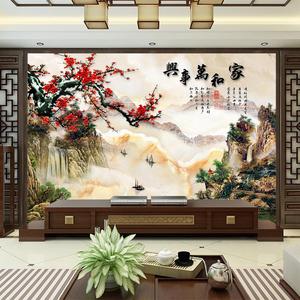 中式山水画壁纸梅花刺绣硬包电视背景墙纸客厅沙发家和万事兴墙布