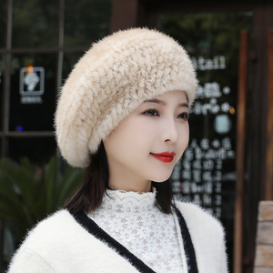 貂皮帽子女韩版冬季加厚保暖女贝雷帽八角帽蓓蕾帽皮草大头围时尚