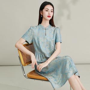 杭州真丝连衣裙女2024年夏日新款短袖小众设计法式轻熟桑蚕丝长裙