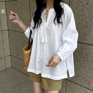 刺绣白色衬衫女法式泡泡袖上衣2024夏季新款宽松韩版长袖防晒衬衣