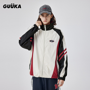 GUUKA插肩袖高领夹克男潮 罗云熙同款美式复古运动风抗皱外套宽松