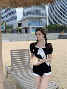 韩系休闲游泳装女黑色遮肚显瘦150cm矮小个子保守针织泡温泉XS码