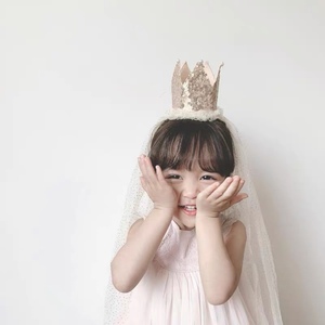 ins风韩国公主头纱皇冠头饰儿童女生甜美发箍女童网纱发卡生日帽