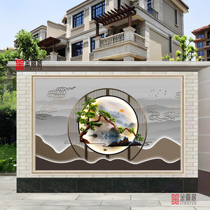 新中式迎客松别墅户外庭院3D立体浮雕刻瓷砖影壁墙入户迎门背景墙