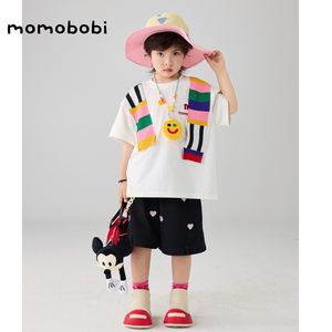 momobobi自制夏款儿童套装韩版假两件披肩短袖上衣t恤刺绣牛仔裤