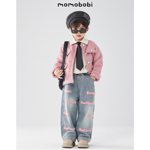 momobobi新款儿童套装韩版气质毛呢外套小香夹棉上衣字母牛仔裤潮
