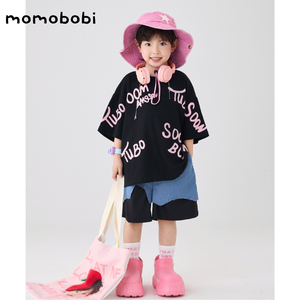 momobobi夏季新款你男童套装韩版字母短袖T恤个性牛仔假两件短裤