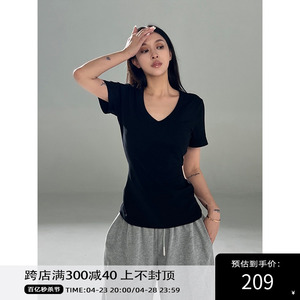 Angelapopewang 美式辣妹时尚百搭黑色V领短袖T恤女夏季新款TEE