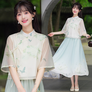 新中式女装2024夏款国风改良旗袍印花半袖上衣两件套复古文艺套装