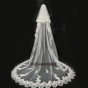 白色长款拖尾蕾丝花边头纱婚纱遮面双层婚礼拍照森系新娘长头纱