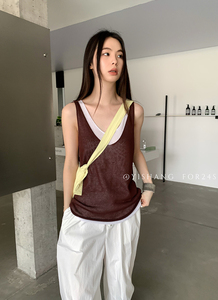 YISHANG2024春夏新款韩版设计感V领假两件无袖背心女显瘦叠穿上衣