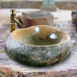 石头洗手盆室外台上盆天然鹅卵石洗脸盆复古艺术台盆户外石材水池