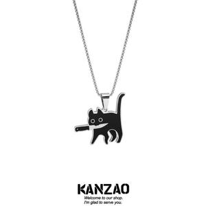 KANZAO原创设计叼小刀猫咪项链男女嘻哈卫衣链情侣通体钛钢毛衣链