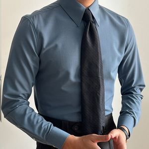 休闲免烫蓝色男士长袖衬衫商务修身纯色衬衣英伦复古韩版日系潮男