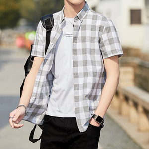 夏季格子衬衫男士初中高中学生帅气外套青少年衬衣休闲夏装上衣服