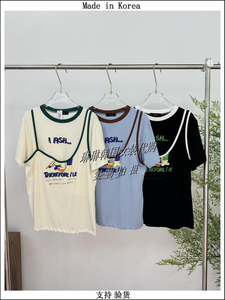 琳琳韩国女装代购2nd k进口2024夏季拼接吊带假两件卡通拼色棉T恤