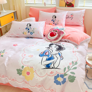 迪士尼全棉四件套卡通白雪公主纯棉被套罩儿童床单床品宿舍三件套