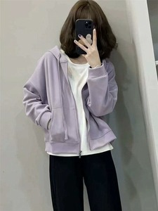 法式紫色连帽开衫卫衣女2024春秋新款小个子洋气减龄短款运动外套