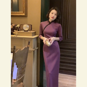 新中式国风改良旗袍高端精致高级感超好看紫色针织盘扣连衣裙夏季