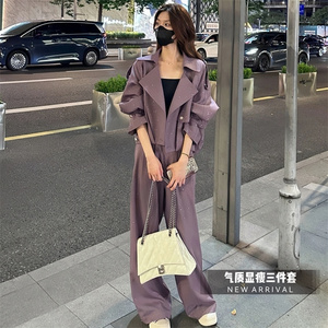 高级感时尚套装女士早秋穿搭一整套新款短款风衣外套阔腿裤三件套