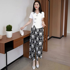 新中式中国风时尚套装女夏季新款短袖t恤小个子九分阔腿裤两件套