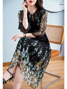 RFRK典雅真丝通勤连衣裙2024夏季新款时尚收腰显瘦桑蚕丝气质裙