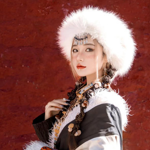 藏族写真毛毛帽子异域民族风长毛无顶帽雪景拍照超仙仿狐狸毛发带