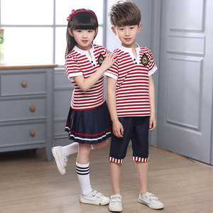 韩版小学生班服夏季短袖红白条纹六一儿童演出服校服幼儿园服套装