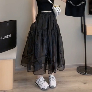 春季裙子仙女超仙森系法式赫本风黑色网纱a字半身裙女设计感小众
