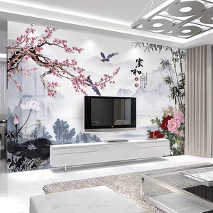 新中式电视背景墙微晶石瓷砖岩板大理石客厅轻奢现代山水画影视墙