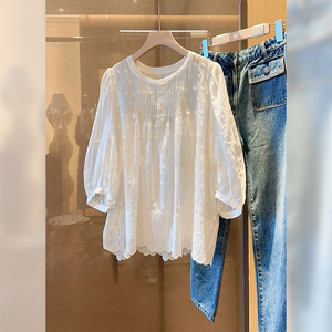 白色雪纺刺绣波浪边衬衫女2024新款夏季设计感小众法式泡泡袖上衣