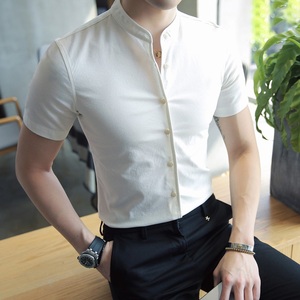 轻奢衬衫男短袖潮流修身百搭韩版高级感立领上班发型师服装衬衣男