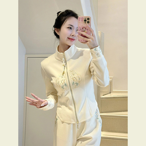 休闲运动白色新中式国风卫衣裤子两件套装早春2024新款女装小个子