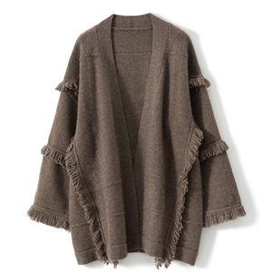 【斯尔丹】山羊绒100%高端针织加厚流苏阔袖羊绒开衫女中长款毛衣