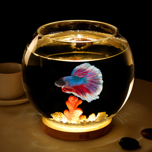 创意客厅小型桌面鱼缸玻璃圆形超白热带斗鱼缸夜灯迷你水族箱摆件