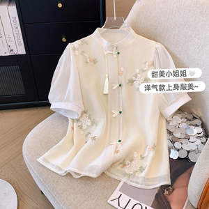 大码女装新中式国风重工刺绣短袖衬衫夏季胖mm泡泡袖雪纺小衫上衣