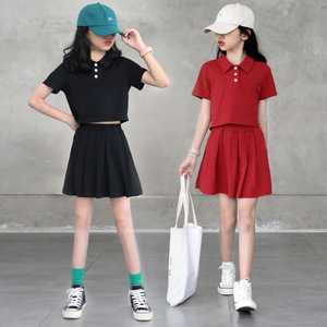 夏季女童纯棉运动休闲polo衫短裙裤jk制服红色中大童女孩两件套装
