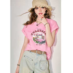 粉色宽松短袖慵懒风t恤女2024夏季新款袖口花边设计显瘦上衣