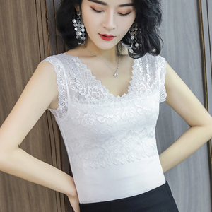 2019夏季新款韩版修身无袖V领背心小衫莫代尔蕾丝打底衫T恤上衣女