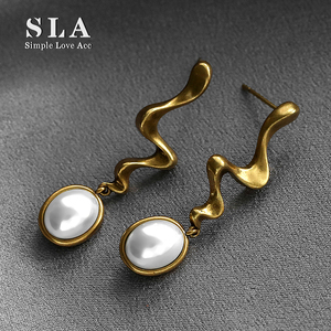 SLA私家 长款设计师个性椭圆形珍珠耳坠女 拒绝同款高级复古耳环