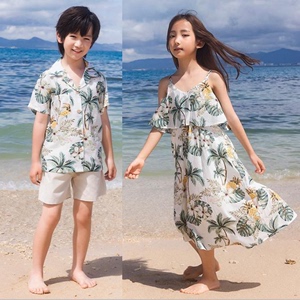 女童亲子装沙滩裙男童夏威夷港风父子装菠萝衬衫姐弟兄妹套装儿童