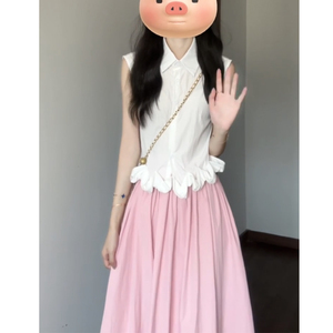 韩系温柔无袖POLO领花边衬衫女夏气质高级感显瘦粉色半身裙两件套