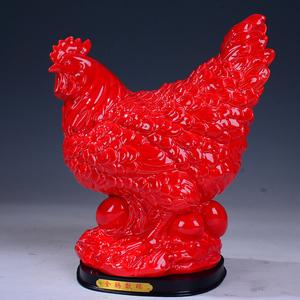 陶瓷红色大号母鸡下金蛋摆件瓷器红公鸡母鸡小号一对送财招财金鸡