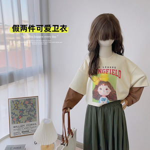 啦芙莱女童装2024春款韩版儿童字母女孩印花假两件卫衣套头衫5716